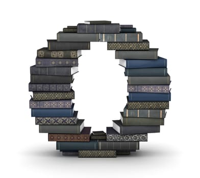 Letter O, stacked from many  books in pile