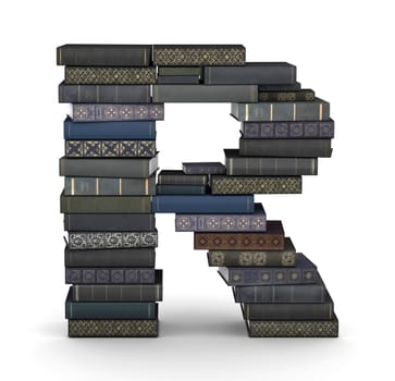 Letter R, stacked from many  books in pile