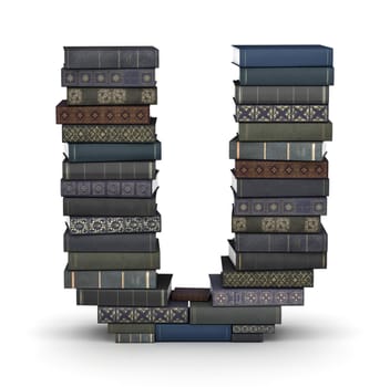 Letter U, stacked from many  books in pile