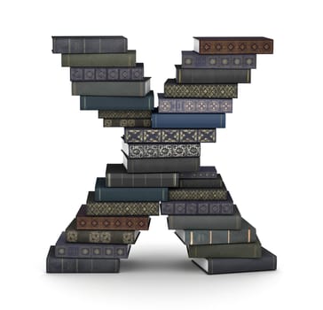 Letter X, stacked from many  books in pile