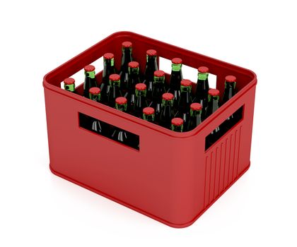 Crate full with lager beer bottles on white background
