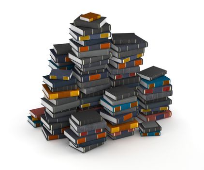 Many books, stacked in columns