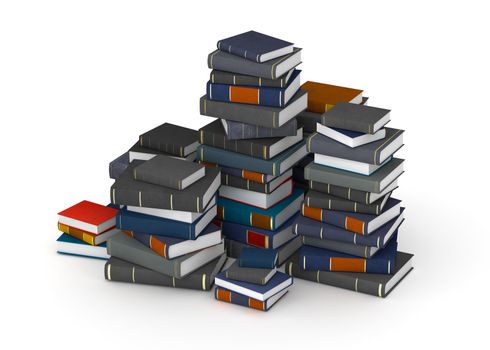 Many books, stacked in columns