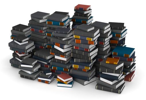 Many books, stacked in columns