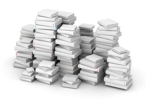 Many white books with blank title, stacked in columns