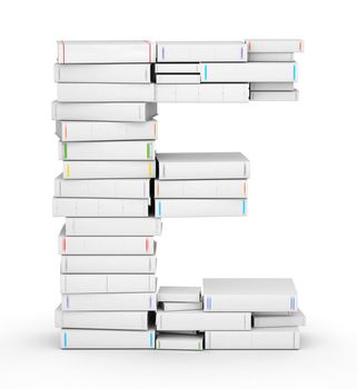 Letter E, stacked from many blank title books in column