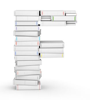 Letter F, stacked from many blank title books in column