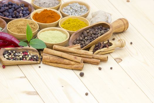 Variety of spices on wooden background