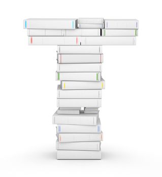 Letter T, stacked from many blank title books in column