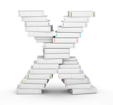 Letter X, stacked from many blank title books in column