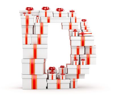 Letter D boxes of gifts decorated with red ribbons