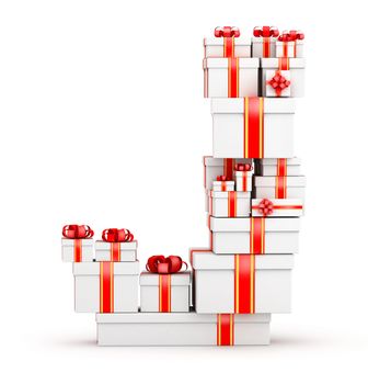 Letter J boxes of gifts decorated with red ribbons