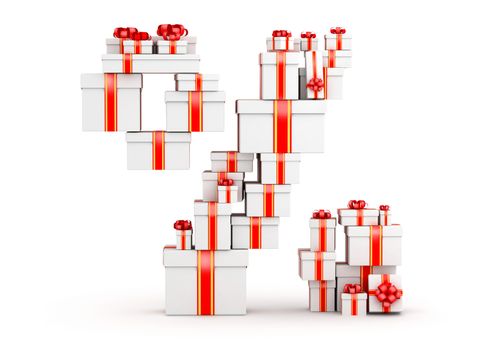 Percent sign from  boxes of gifts decorated with red ribbons