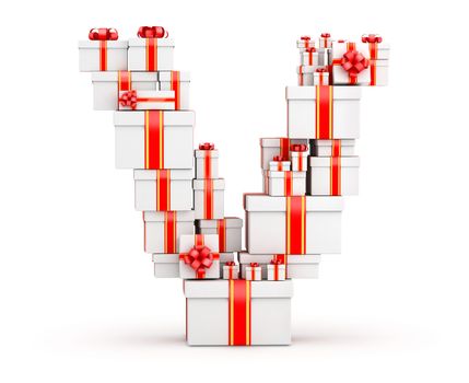 Letter V boxes of gifts decorated with red ribbons