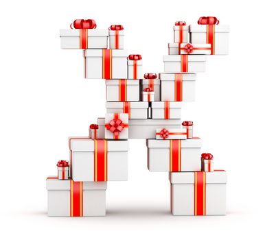 Letter X boxes of gifts decorated with red ribbons