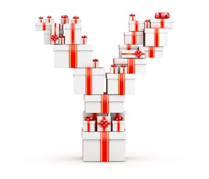 Letter Y boxes of gifts decorated with red ribbons