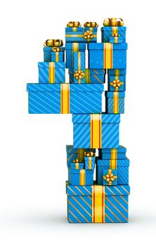 Number 1  from blue gift boxes decorated with yellow ribbons