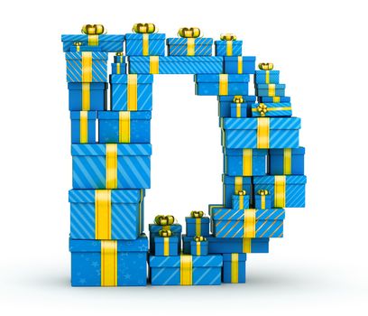 Letter D from blue gift boxes decorated with yellow ribbons