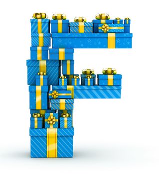Letter F from blue gift boxes decorated with yellow ribbons