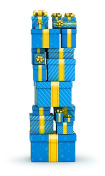 Letter I from blue gift boxes decorated with yellow ribbons