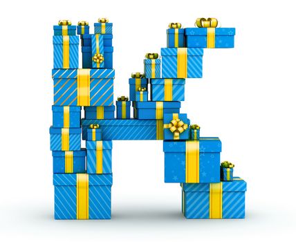 Letter K from blue gift boxes decorated with yellow ribbons