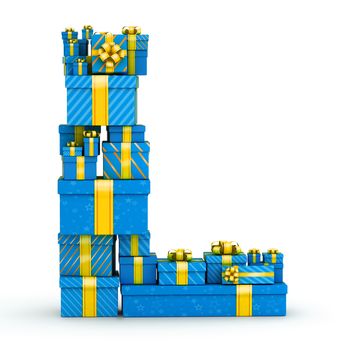 Letter L from blue gift boxes decorated with yellow ribbons
