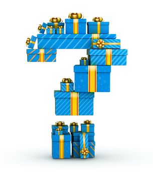 Question mark from blue gift boxes decorated with yellow ribbons