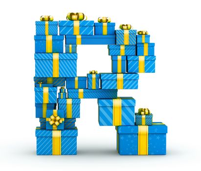 Letter R from blue gift boxes decorated with yellow ribbons