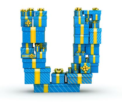 Letter U from blue gift boxes decorated with yellow ribbons