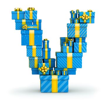 Letter V from blue gift boxes decorated with yellow ribbons