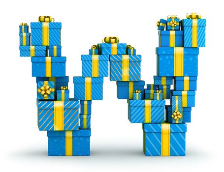 Letter W from blue gift boxes decorated with yellow ribbons