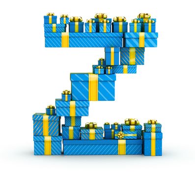 Letter Z from blue gift boxes decorated with yellow ribbons