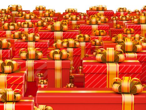 Sale concept - hundreds gift boxes on red background