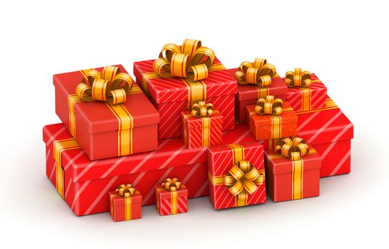 Pile of red gift boxes on white background