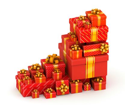 Pile of red gift boxes on white background