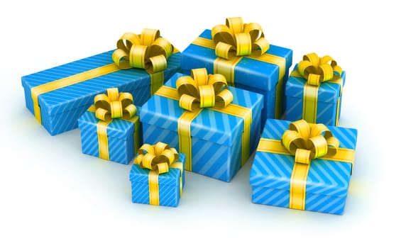 Pile of blue gift boxes with gold ribbon