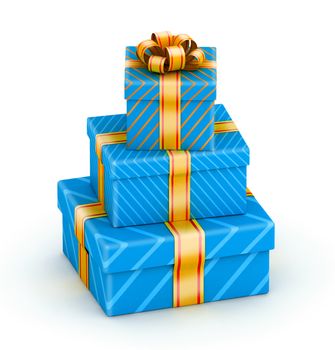 Stack of three blue gift boxes with gold ribbon