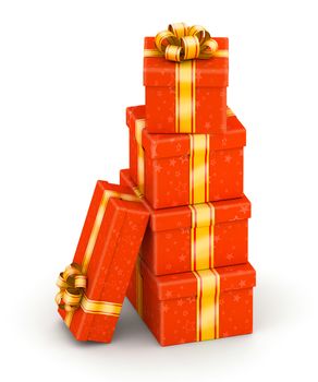 Tall stack of red gift boxes with yellow ribbon