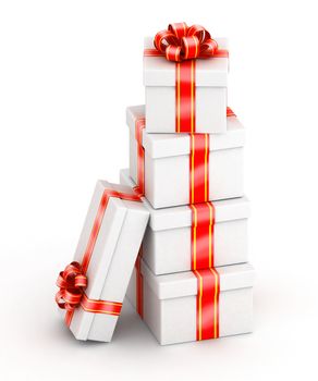 Tower stacks of white gift boxes with red ribbon