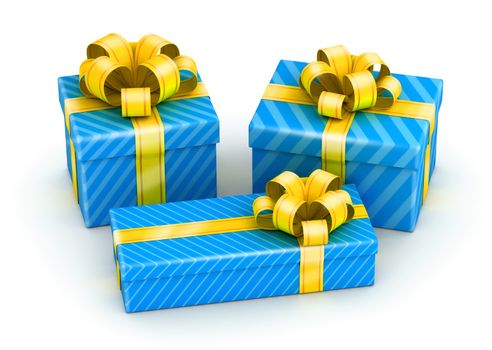 Three blue gift boxes with gold ribbon on white background