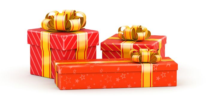 Three red gift boxes on white background