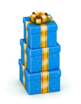Stack of three blue gift boxes with gold ribbon