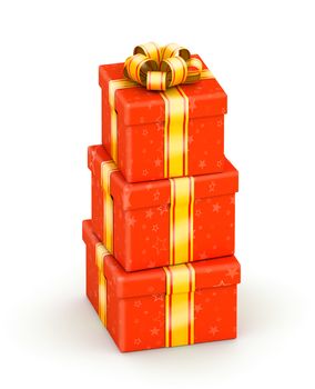 Stack of three red gift boxes with gold ribbon