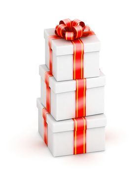 Stack of white gift boxes with red ribbon