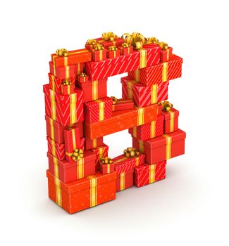 Letter B from gift boxes decorated with yellow ribbons isometry