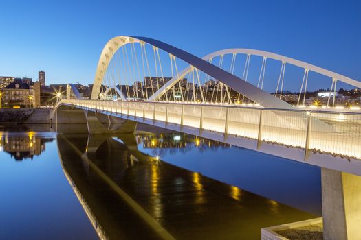 View of Schuman bridge by night, Lyon, France, Europe.