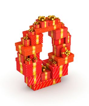 Number 0 from gift boxes in isometric decorated with yellow ribbons