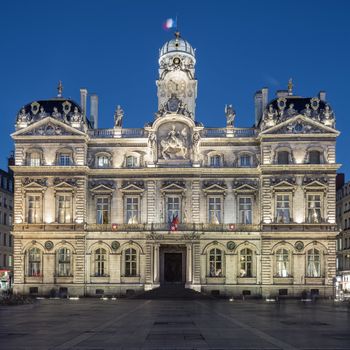 The famous Terreaux square in Lyon city by night, France.