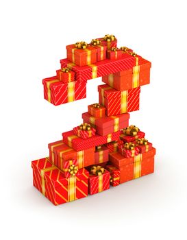 Number 2 from gift boxes in isometric decorated with yellow ribbons