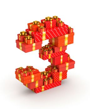 Number 3 from gift boxes in isometric decorated with yellow ribbons
